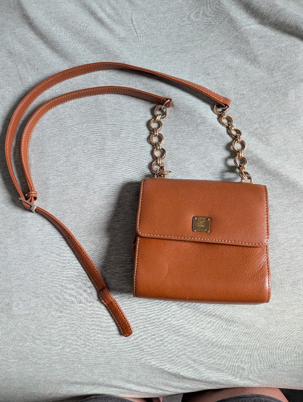 Vintage MCM Tan Leather Chain Crossbody Bag with Gold Hardware